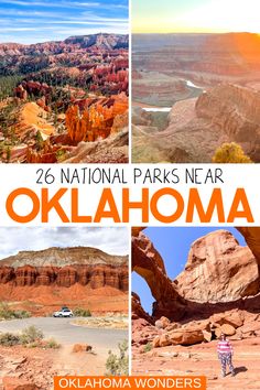 the national parks near oklahoma are featured in this postcard collage with text that reads, 26 national parks near ok