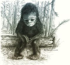 a black and white drawing of a gorilla standing in the woods with trees behind it