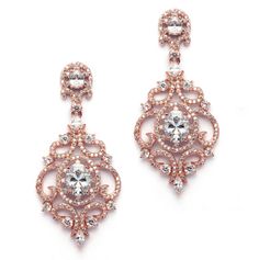 Victorian Scrolls 14K Rose Gold Plated CZ Chandelier Earrings Rose 14K Gold bridal chandelier earrings sparkle with AAAAA quality Cubic Zirconia gems in a fresh vintage design infused modern styling. These romantic Victorian beauties will make a stunning statement with any wedding gown or evening dress adding a serious dose of sophisticated bling. Our jewel-encrusted CZ earrings with distinctive oval-cut stones in a rose gold setting are a must-have addition to your special occasion wardrobe. 2 Bridal Dangle Earrings, Wedding Earrings Chandelier, Glamour Jewelry, Bridal Earrings Chandelier, Earrings Sparkle, Crystal Chandelier Earrings, Gold Bridal Earrings, Rose Gold Bridal, Sparkle Earrings