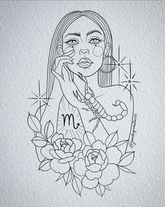 a drawing of a woman holding her hand up to her face with the letter m on it