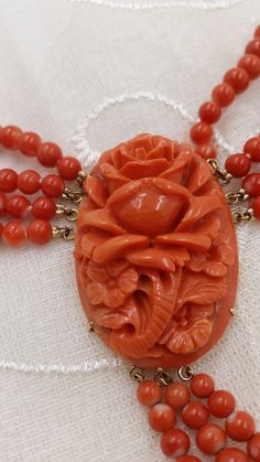 Victorian 14 Karat Yellow Gold- Carved Coral Multi-strand Necklace - S & K Ltd. Luxury Coral Red Coral Necklaces, Luxury Red Coral Beaded Necklaces With Gemstone Beads, Red Coral Necklace Jtv, Luxury Red Coral Necklaces With Round Beads, Carved Jewelry, What Is An Artist, Deep Orange, The Necklace, Natural Coral