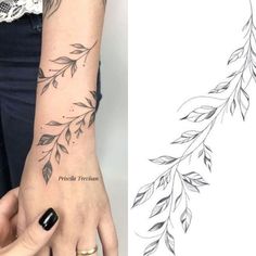 a woman's hand with a black and white tattoo on her left wrist next to an image of a branch