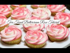 some pink and white cupcakes on a plate with the words fine food buttercream rose