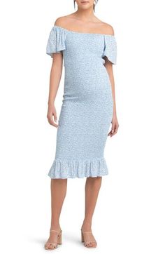 Combine comfortable and captivating in this body-con maternity dress featuring ruffle trim and allover shirring. Square neck Short sleeves Unlined 100% viscose Hand wash, dry flat Imported Blue Baby Shower Dress, Blue Maternity Dress, White Maternity Dresses, Maternity Nursing Dress, Baby Shower Dresses, Teenage Fashion, Shower Dresses, Blue Baby Shower, Nursing Dress