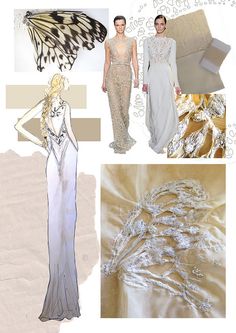 a collage of fashion images with butterflies and gowns