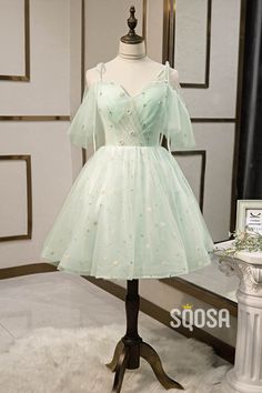 A-line Mint Green Tulle Appliques Short Homecoming Dress Pageant Dress QH2104|SQOSA Fancy Oc, Mint Green Homecoming Dresses, Cute Cocktail Dresses, Oc Outfits, Green Homecoming Dresses, Green Tulle, Tulle Homecoming Dress, Quince Ideas, Graduation Dresses