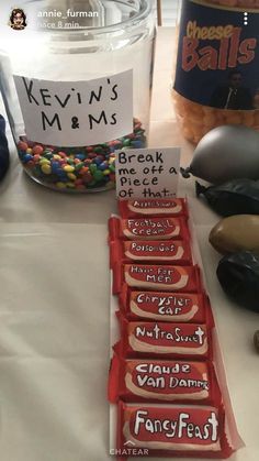 some candy bars are sitting on a table