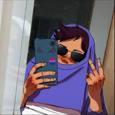 a woman in purple shirt holding up her cell phone to take a selfie with sunglasses on