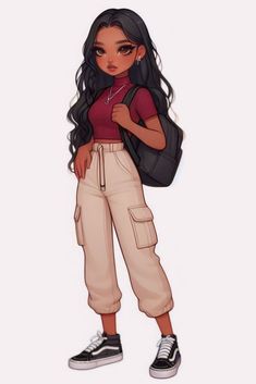 a drawing of a girl with long black hair and a backpack on her shoulder, standing in front of a white background