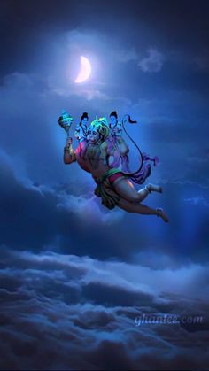 a woman flying through the air on top of clouds next to a man in costume