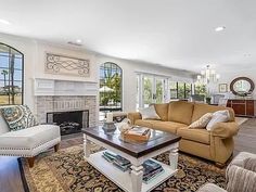 a living room filled with furniture and a fire place in the middle of a room