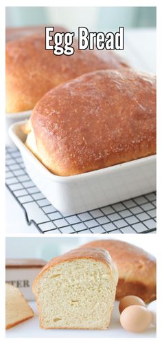 an egg bread in a loaf on a cooling rack next to some eggs and other ingredients