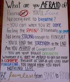 a piece of paper with writing on it that says what are you afraid to do?