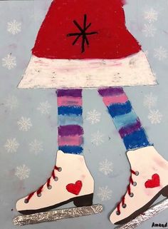 a child's drawing of a skateboarder wearing a santa hat and striped stockings