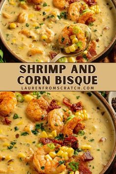 two bowls filled with shrimp and corn chowee