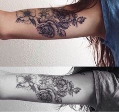 two tattoos with roses and leaves on their arms