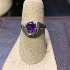 Amethyst Ring Set In Sterling Silver Modern Amethyst Anniversary Ring, Modern Purple Ring, Hallmarked Amethyst Birthstone Ring, Amethyst Rings With Vs Clarity, Classic Purple Amethyst Ring With Vs Clarity, Classic Amethyst Ring, Classic Amethyst Ring With Vs Clarity, 7 Rings, Ring Color