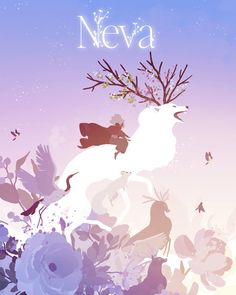 an image of a unicorn with flowers in the foreground and words neva above it