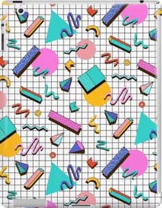 an abstract pattern with many different shapes and colors on a checkered paper sheeted background