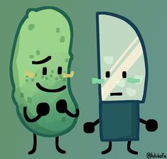 a cartoon pickle with its eyes closed next to a mirror