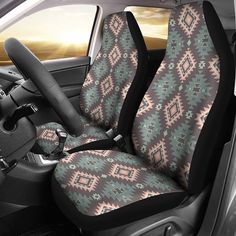 the interior of a car with an ethnic pattern