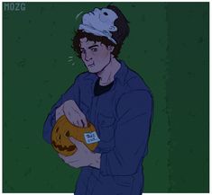 a drawing of a man holding a jack o lantern