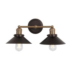 two light bathroom fixture with an antique brass finish and black glass shades on the wall