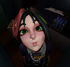 an animated character with green eyes and piercings on her nose, standing in a dark room