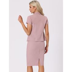 Looking for a sophisticated and elegant outfit for the workplace? Look no further than this classy top and pencil skirt set! With a notch lapel and an elastic waistband pencil skirt, this set is the perfect combination of comfort and style. Dress it up for a business meeting or keep it professional for a day in the office. This versatile set is also suitable for a variety of occasions, including school, interviews, evening parties, and even daily wear. So why wait? Add this must-have set to your Elegant Solid Color Short Sleeve Sets, Elegant Short Sleeve Sets, Solid Color Office Wear Sets, Chic Fitted Collared Set, Elegant Solid Color Sets For Workwear, Feminine Formal Pencil Skirt, Fitted Short Sleeve Skirt Suit For Work, Elegant Short Sleeve Skirt Suit For Work, Elegant Pencil Skirt Suit For Office