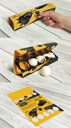 an egg carton with eggs in it on top of a wooden table next to a person's hand