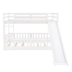 a white bunk bed with a slide on the bottom and side rails down to it