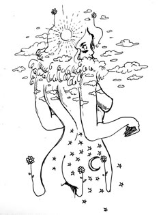 a black and white drawing of a woman floating in the water with sun above her head