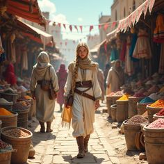 a woman is walking through an outdoor market