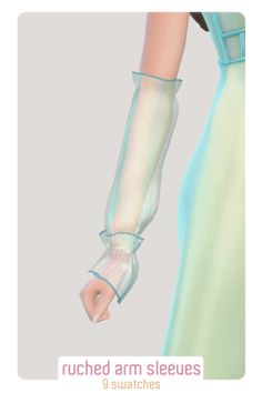 an animated image of a woman's arm and leg in pastel colors with text that reads, ruched arm sleeves 9 swatches