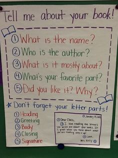 a bulletin board with writing on it that says tell me about your book what is the name?