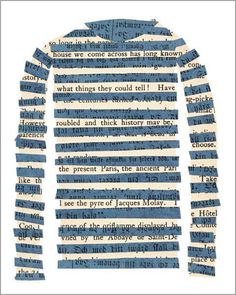 a blue and white striped shirt with words written on the front, in different languages