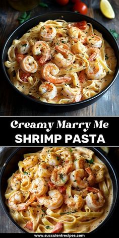 two pictures of shrimp and pasta in a skillet with the words creamy marry me shrimp pasta