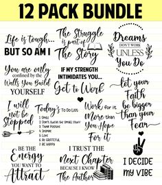 the 12 pack bundle includes different phrases and hand lettering