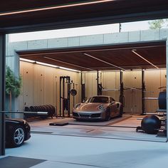 a car is parked in the garage next to some exercise equipment