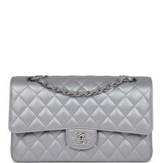 Chanel Pink Iridescent Quilted Lambskin Medium Classic Double Flap Bag Silver Hardware – Madison Avenue Couture Chanel Box, Bag Silver, Handbag Wallet, Wallet Accessories, Vuitton Bag, Sierra Leone, Flap Bag, Grey Leather, Lambskin Leather