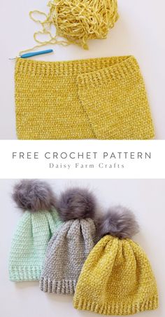 three knitted hats with pom poms on them and the text free crochet pattern