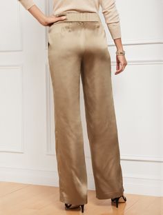 Silky satin elevates the chic style of these flattering wide leg pants. Drapes perfectly with a figure-boosting high waist. A statement piece for any season. Invisiflex Comfort Waist Technology adjusts to your body for the perfect fit. Features Flat Front/Trouser Wide Leg Hits Above Waist Full Length Fly front with hook & bar closure Slash pockets Imported Fit: Misses: 31"; Petite: 28 1/2"; Plus: 31"; Plus Petite: 28 1/2" Material: 100% Polyester Care: Machine Wash Cold; Only Non-Chlorine Bleach Satin Wide-leg Pants For Work, Wide-leg Satin Pants For Workwear, Casual Wide-leg Satin Pants, Luxury Satin Wide Leg Pants, Elegant Style, Satin Wide-leg Pants With Elastic Waistband, Olive Chinos, Green Trousers, Grey Dress Pants, Dress Slacks