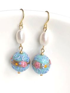 Freshwater Pearl Earrings Dangle, Handmade Light Blue Murano Glass Earrings with Flower Floral Wedding Cake Beads with Pink Roses