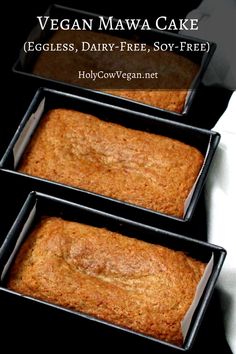 three loafs of vegan mawa cake in black pans with text overlay