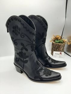 This are handembroidered custom made mid-calf black boots. Every size available. Custom made boots, if you need wider calf size you can let us know your calf circle measurments. To make custom boots No extra charging. Made with genuine leather. Boots height is 12 inches, 30 cm. Style is cowboy style. Handmade. Very comfy and useful, waterproof. Made in Turkey. We have door to door express shipping service. İf you have any question please contact with us. bemyboots.etsy.com Thank You Comfy Wedding Shoes, Black Leather Cowboy Boots, Boots Mid Calf, Comfy Boots, Fashion Usa, Pointy Toe Boots, Comfy Boot, Wedding Boots, Embroidered Boots