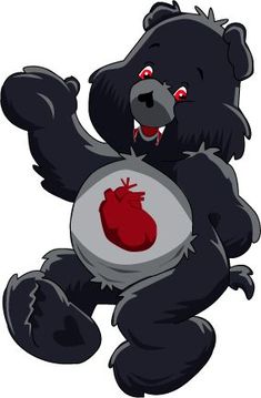 a black teddy bear with a heart on it's chest and arms in the air