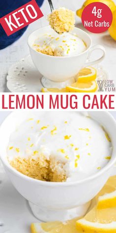 lemon mug cake in a white bowl with a bite taken out of it and on the side