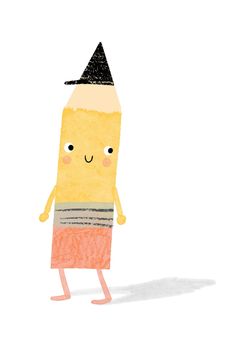 a drawing of a pencil with a hat on it's head and arms, standing in front of a white background