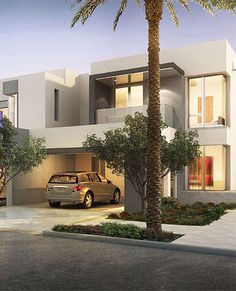 two cars are parked in front of an apartment building with palm trees on the street