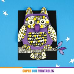 an owl is sitting on a branch with stars in the sky behind it and text that reads super fun printables